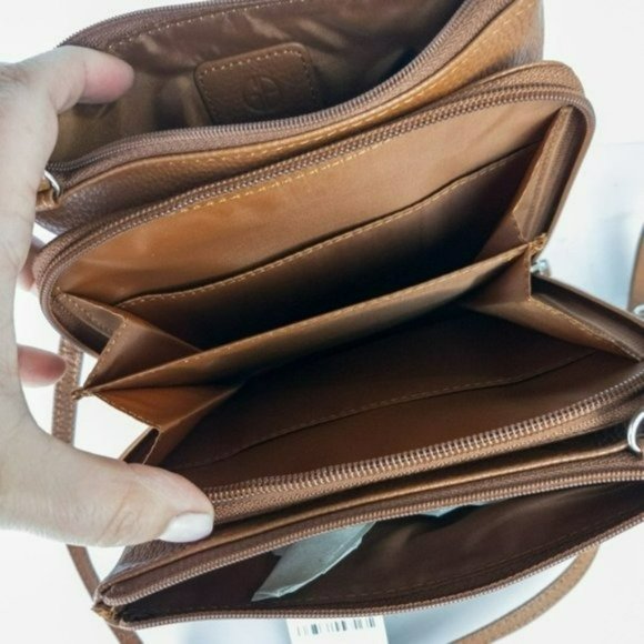 Giani Bernini Triple Zip Pebble Leather Dasher Crossbody- Cognac - Picture 4 of 4